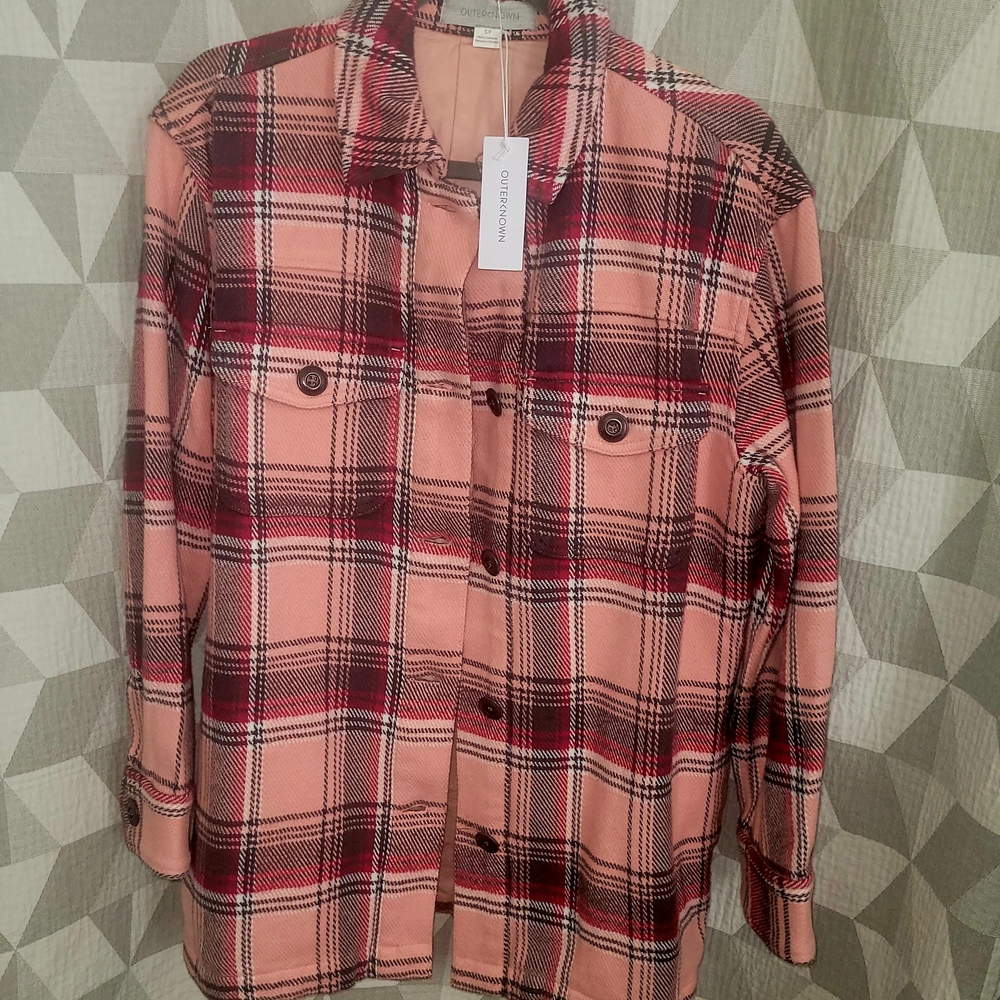 Outerknown Womens Small 100% Cotton Blanket Shirt Jacket plaid pink & Gray